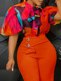 Women's Clothing 2025 New Fashion Temperament Print With Bubble Sleeves Short-Sleeved Shirt