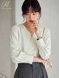 Han Queen New Arrival Autumn V-Neck Shirt Womens Blouses Vintage Work Casual Tops Chiffon Blouse Elegant Loose Shirts Female-Outfit