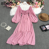 New Spring Temperament All-match Retro All-match Square collar puff sleeve Dress lace up ruffles