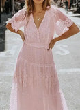 Dress Women Off Shoulder Lace Patchwork Dress Casual Bohemian Deep V Neck Short Sleeve Loose Vestidos Summer Dresses-Outfit