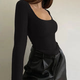 Toloer Women's Sexy Slim U Collar Pit Long-Sleeved T-Shirt Autumn Hot Style Simple Versatile Top-Outfit