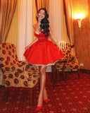 Red Satin Corset Style Tulle Strap Mini Dress-Outfit
