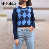 Bold Shade Indie Preppy Style Grunge Sweater Knitted Argyle Vintage Women 90s Skater Fashion Clothes Winter Long Sleeve