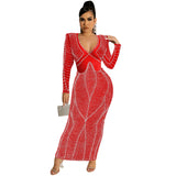 Sexy Nightclub Hot Diamond Mesh Perspective V Collar Long Sleeve Dress Woman-Outfit