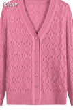 Fashion Solid Color Women Knitted Cardigan Coat Autumn Winter 2023 Casual V Neck Long Sleeve Crochet Knitwear