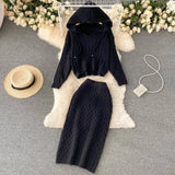 Thick Knitted Set Women Long Sleeve Short Hooded Sweater+Sexy Bodycon Skirts New Autumn Winter Two Piece