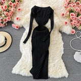 Women Korean Knitted Dress Long Sleeve O Neck Elastic Slim Pencil Dress Autumn Winter Sexy Bodycon Split Sweater