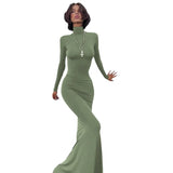 Toloer Autumn Winter Hot Girl High Collar Long Sleeve Collect Purse Hip Sexy Slim Fishtail Dress Women's Clothing-Outfit
