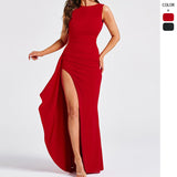 Summer New Solid Color Round Collar High Open Fork Sexy Bare Back Dress Women Body