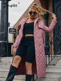 Simplee Office lace up double-breasted quilted coats winter Elegant lapel women long parka grey-purple 2021 Female puffer