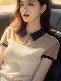 Toloer Chic And Beautiful Striped POLO Collar Short-Sleeved Shirt Women's Summer Unique Design Sense Of The