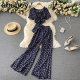 Women Summer Chic Korean Suit Sexy O Neck Chiffon Short Tops+High Waist Wide Leg Split Long Pants Two Piece