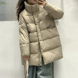 Pinghu Down Jacket Female 2024 Winter New Thickened Stand Collar Long Button Warm White Duck Down Coat Tide-Outfit