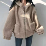 Hooded Ladies Plus Velvet Thick Coat All-match Jacket Pure Yellow Sweet and Cute Autumn and Winter Lamb Wool Loose Coat