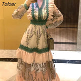 Fashion Vintage Embroidery Dress Female V-neck Long Sleeve High Waist Bodycon Green Mesh Patchwork Elegant Dresses