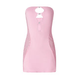 Women's Summer Strapless Diamond Off Shoulder Mesh Patchwork Hollow Out Skinny Bandeau Backless Short Mini Dress-Outfit