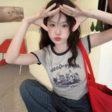 Toloer And Spicy Wind Letter Print T-Shirt Female 2024 Summer Slim Slim Short Color Round Collar Short-Sleeved Student