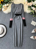Women Autumn Winter Sweater Dress Fashion Patchwork V Neck Slim Elastic Dress Warm Bodycon Pullovers Knitting