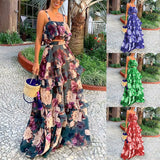 Toloer Spot 2024 Women's Fashion Holiday Wind Strap Top Print Flounce Skirt Two-Piece Set-Outfit