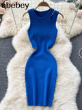 Strap Women Knitted Pencil Dress O Neck Sleeveless Elastic Slim Sheath Dresses Summer Korean Streetwear Short