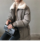 New women's winter down jacket faux rabbit fur collar long drawstring slim zipper ladies chic coat loose oversize outwear