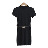 Trendy Women's Dress With High Round Neck And Short Sleeves And A Dress That Is Stylish, Tight And Thin With A Belt And Hip Skirt-Outfit