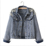 2022 Spring Autumn New Nail Bead Short Casual Pearl Loose Thin Jacket Jacket Denim Jacket Female-Outfit