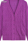 Fashion Solid Color Women Knitted Cardigan Coat Autumn Winter 2023 Casual V Neck Long Sleeve Crochet Knitwear
