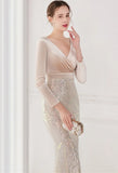 Winter Elegant Velvet With Sequins Deep V Neck Long Sleeve Slit Cocktail Eevening
