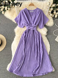 Pleated Dress Women Short Sleeve V Neck Solid A-line Dresses 2022 New Summer Chiffon Vacation Beach