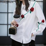 Women 3D Floral Temperament Tops Office Lady Korean Fashion Loose Shirts 2023 Blusas Mujer De Moda Sweet White