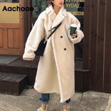 Aachoae Winter 2021 Women Solid Lamb Fur Coat Long Sleeve Casual Fleece Jacket Turn Down Collar Long Teddy Coat