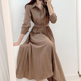 Korea Chic Spring And Autumn New Elegant Temperament Polo Collar Belt Long Folding Shirt Dress