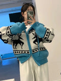 Deer Jacquard Hooded Knitting Zipper Cardigan-Outfit