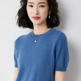 Toloer Female Round Collar Loose T-Shirt Inside Build Sweater Spring Autumn Base Outside Wear Short Sleeve Hair-Outfit