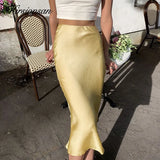 Satin High Waist Skirts Women 2021 New Soft Smooth Silk Office Lady Basic Midi Skirt Chic Elegant Glossy Long