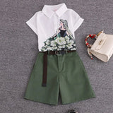 summer 2 pieces suits girl print chiffon blouse shirt women tops + shorts set Women two piece set tracksuit With