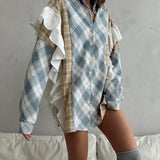 Toloer And Autumn Thin Single Breasted Loose Casual Fashion Versatile Wearing Female Shirt Splicing Striped Shirt Women-Outfit