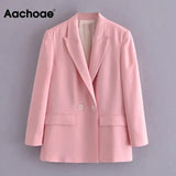 Double Breasted Pink Blazer Women Office Long Sleeve Elegant Coat With Pockets Ladies Notched Collar Jackets