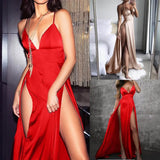 Forging Slings Deep V-Neck Bareback Official Picture Solid Color Open Forked Mid-Rise Long Skirt Temperament Commuting Women's