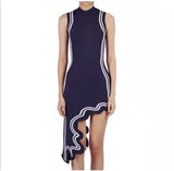 Asymmetrical Wavy Hem Round Collar Knit Midi Dress-Outfit
