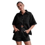 Summer Women's Casual Retro Loose Shirt Denim Shorts Set