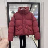 Winter New Standing Collar Down Jacket Female Short Style Casual Fashion Add Thick Small Bread Clothing White Duck Down Coat Tide-Outfit