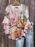 Creative Flower Element 3D Printed Casual Trend V-Necked Lace