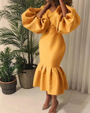 Commute Plus Size Women's Fashion Solid Color V-neck Bubble Long Sleeve Fishtail