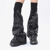 Black Thread Leather Socks for Women Splice 3D Pocket Leg Covers Spicy Girls Over Knee Boot Cuffs Harajuku Leg Warmers-Outfit