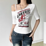 Spring Women's New Street Fashion Hottie Bare Shoulder Prints Umbilly Umbilly Top
