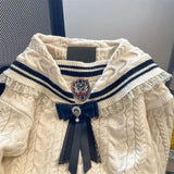 Academy Style JK Navy Neck Bow Sweater Women Top Autumn Winter Vintage Gentle Thickened Knit Pullover Coat Women Clothing-Outfit