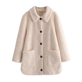 2021 Autumn Spring Casual Solid Lamb Fur Coat Women Long Sleeve Lady Fashion Pocket Jacket Turn Down Collar Teddy