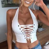 Toloer Ins Wind 2023 Summer Pop Neck Sexy Back Strap Short Lady PU Small Vest-Outfit